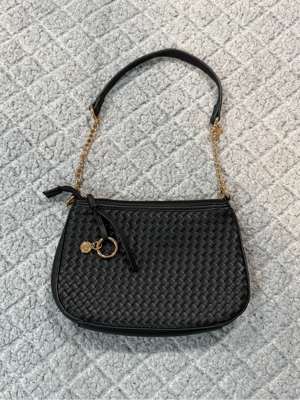 Anne Klein - Black Woven Shoulder Bag with Gold Chain Accent